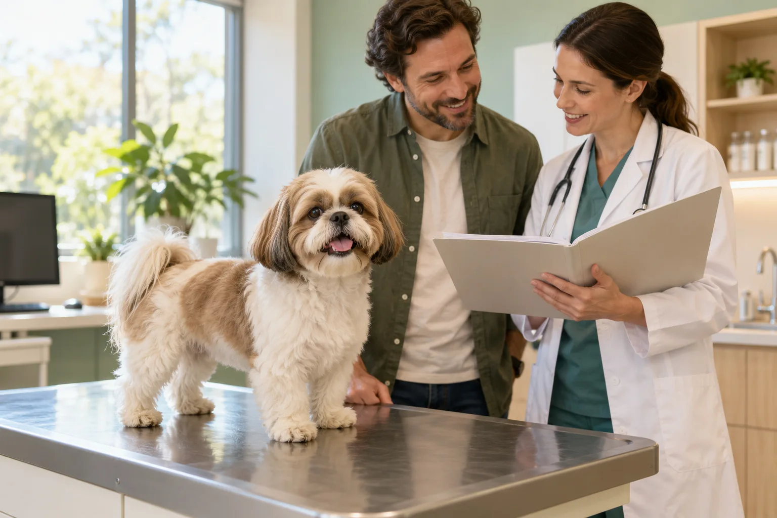 Owner and veterinary professional reviewing a folder beside a small dog